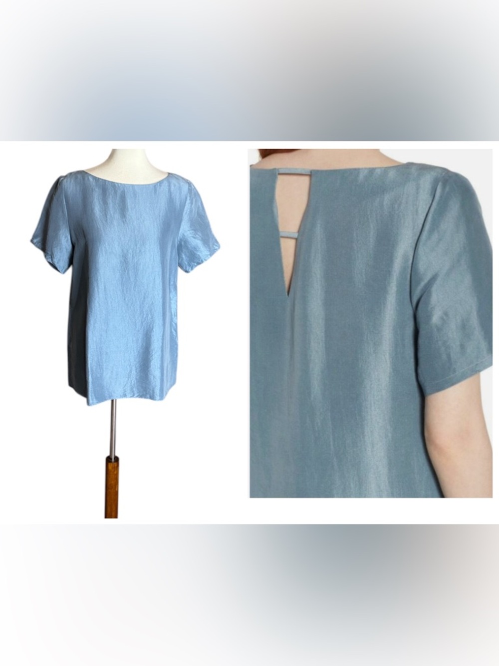 Eileen Fisher steel blue silk dupioni short sleeve blouse with back cutout Small